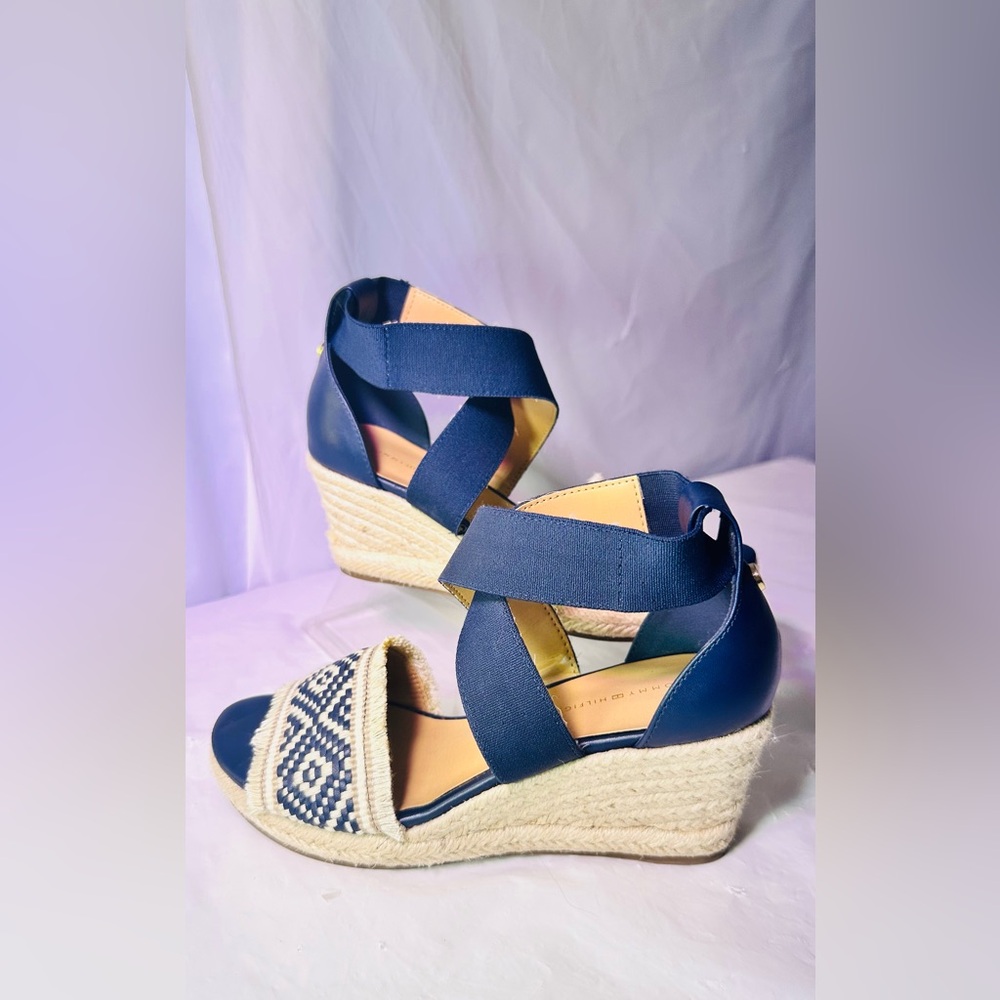 Tommy Hilfiger Navy Espadrille Wedge Sandals with Patterned Toe